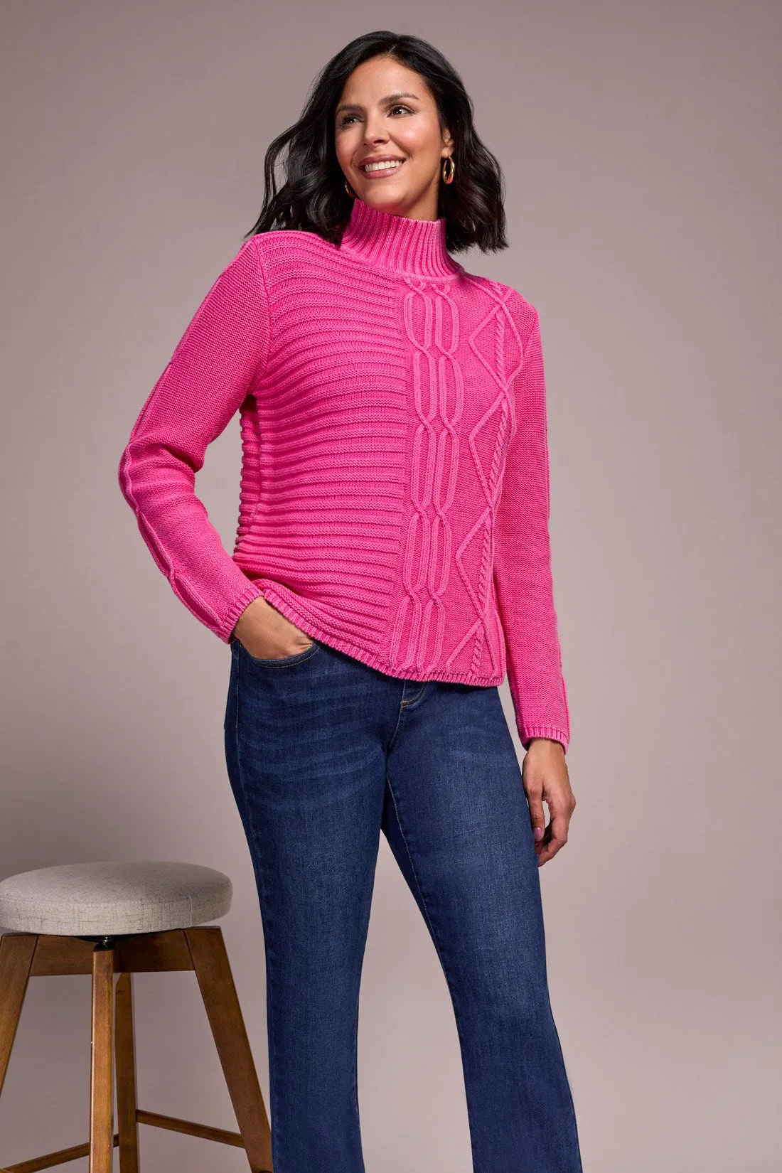 Vintage Washed Cable Knit Mock Neck Sweater-Cherrypink sold by Tribal product image thumbnail 3