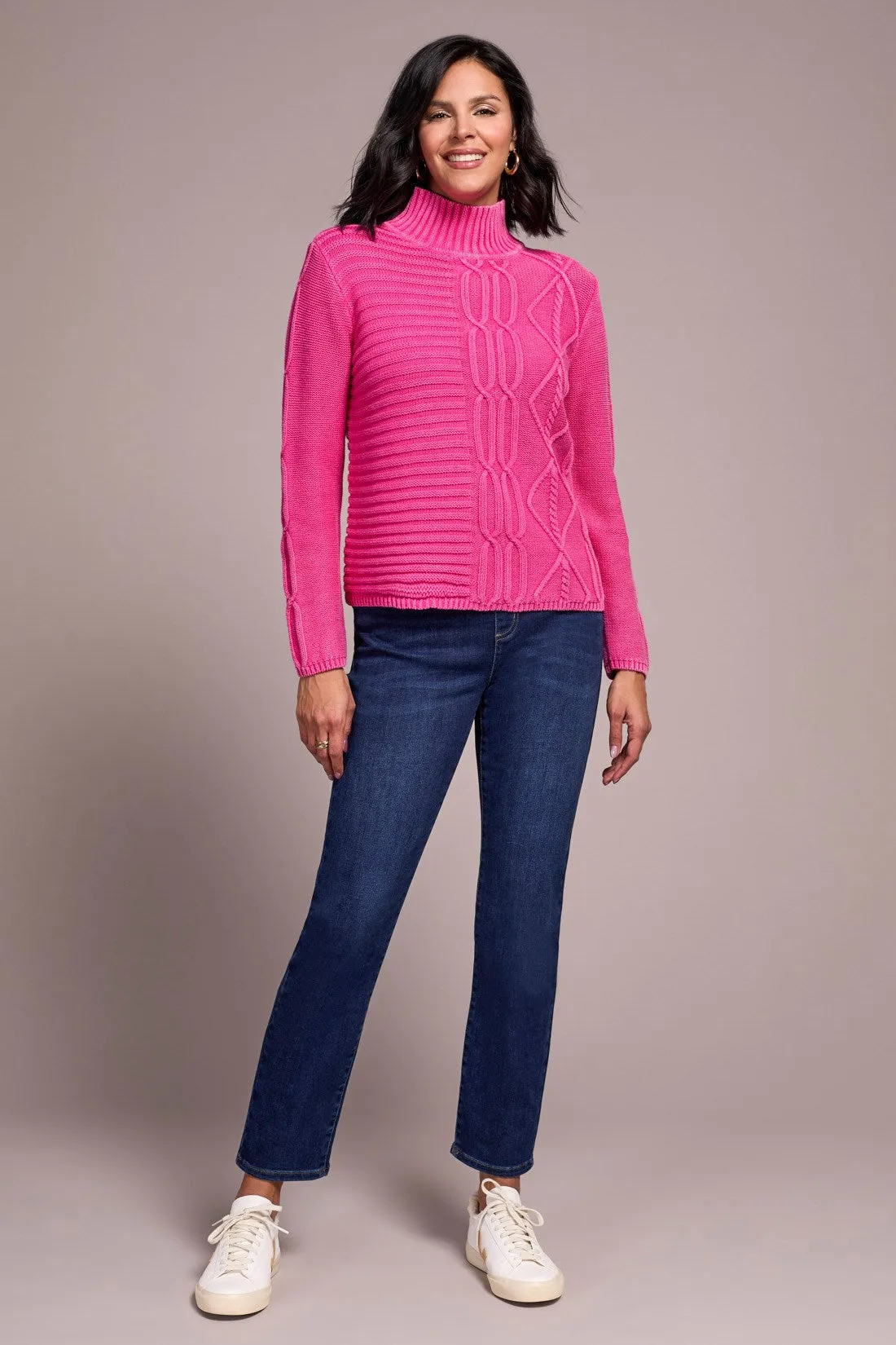 Vintage Washed Cable Knit Mock Neck Sweater-Cherrypink sold by Tribal