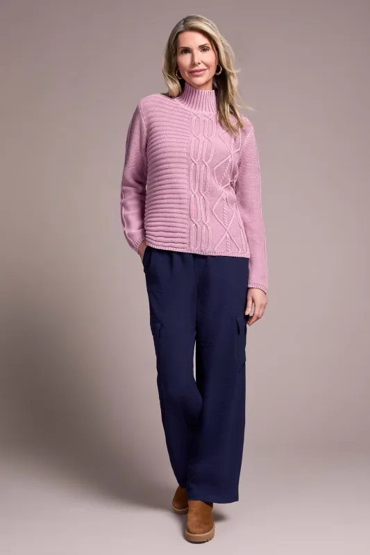Vintage Washed Cable Knit Mock Neck Sweater-Vintagelilac sold by Tribal