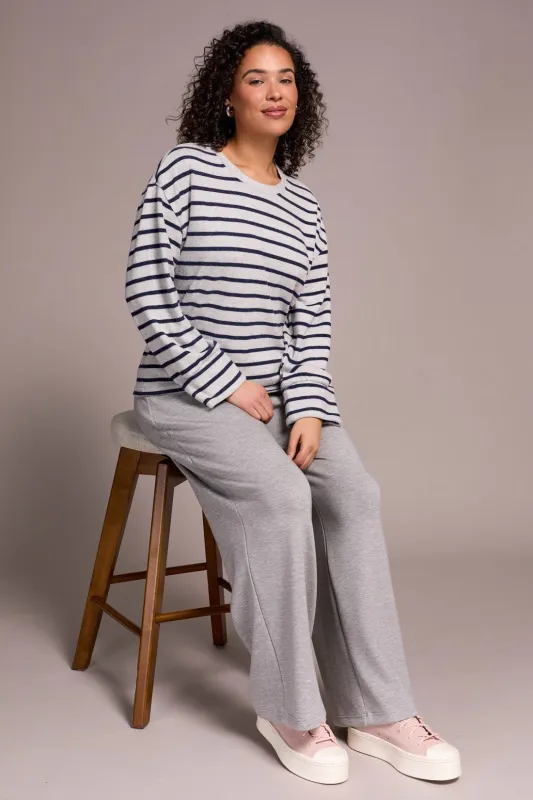 Long Sleeve Stripe Crew Neck Brush Knit Top-Sapphire sold by Tribal