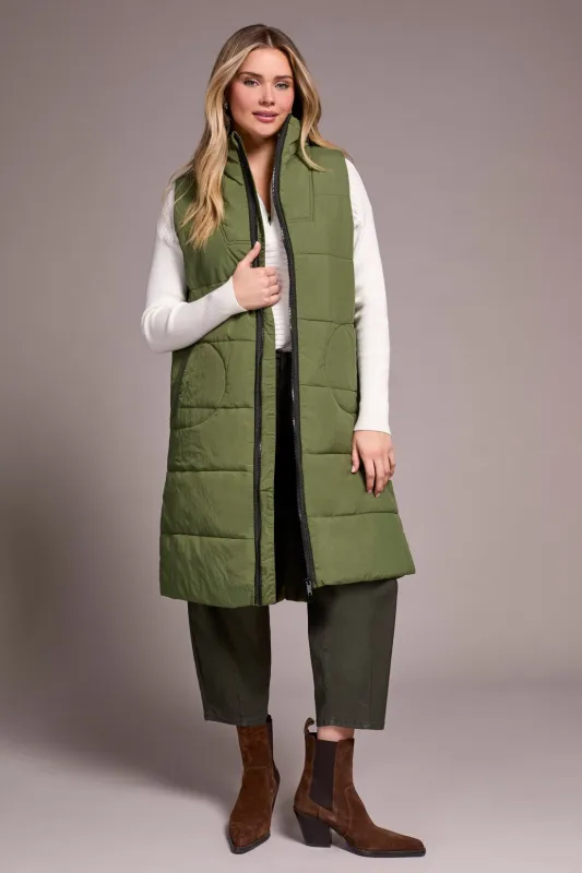 Longline Zip-Front Quilted Vest-Chive sold by Tribal