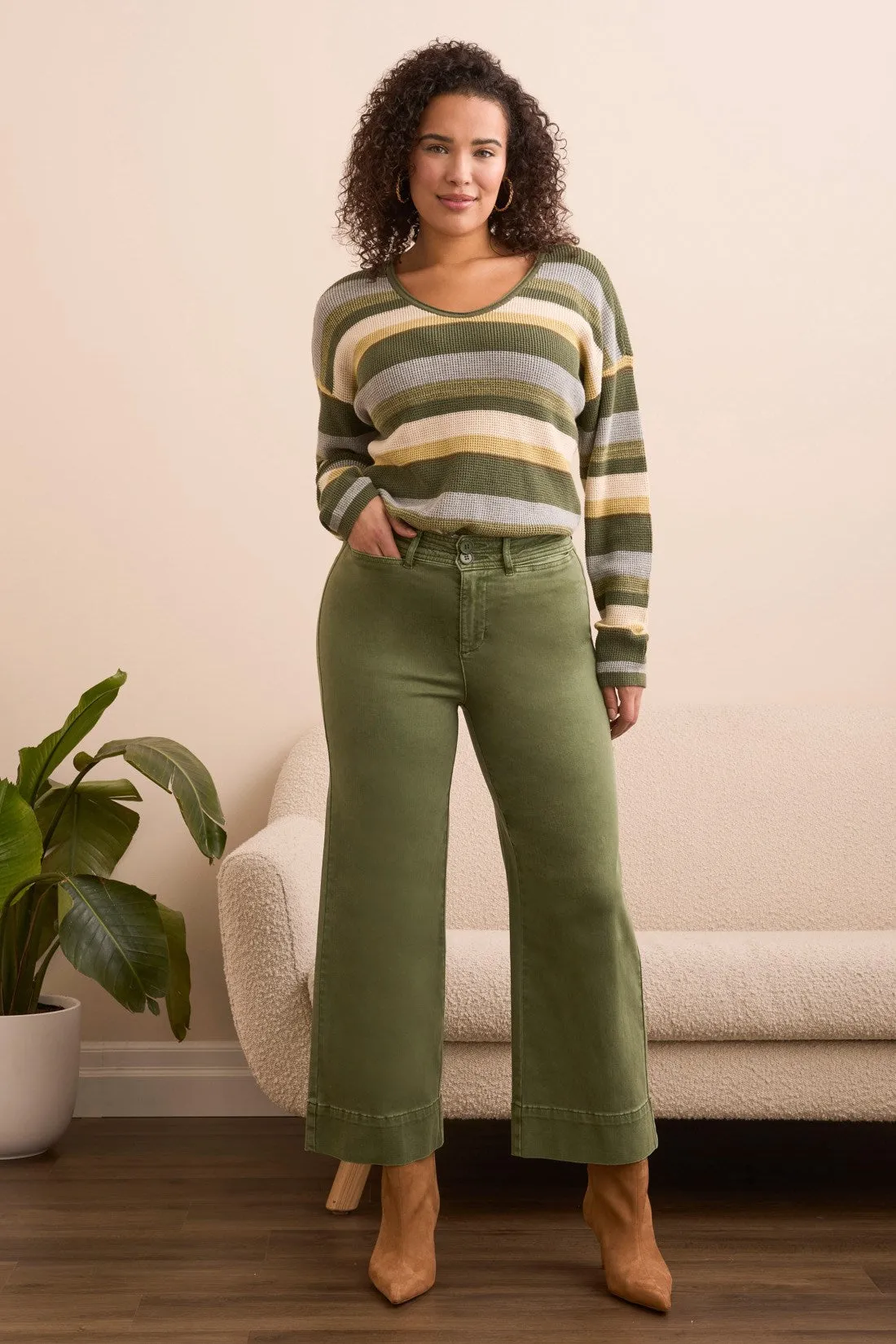 Comfort Stretch High Rise Palazzo Pants-Chive sold by Tribal