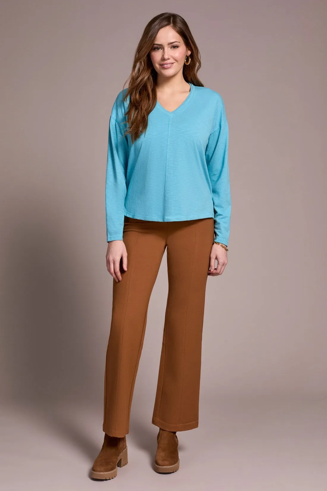 Slub Knit Flatlock V-Neck Top-Mistblue sold by Tribal