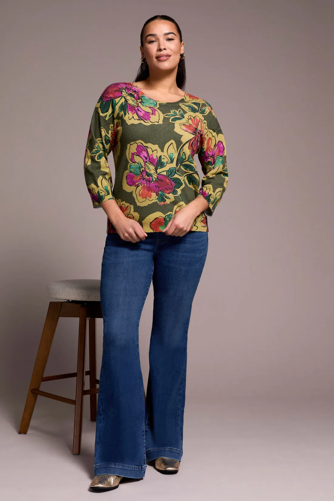 Soft Yarn Three-Quarter Sleeve Crewneck Sweater-Chive sold by Tribal