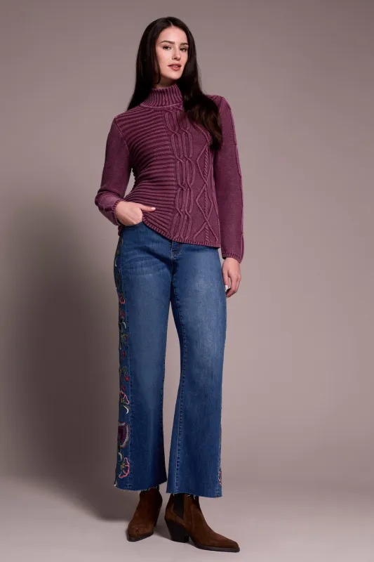 Vintage Washed Cable Knit Mock Neck Sweater-Passion plum sold by Tribal