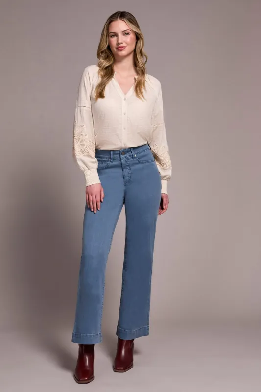 Comfort Stretch Fly Front Wide Leg Pants-Slateblue sold by Tribal