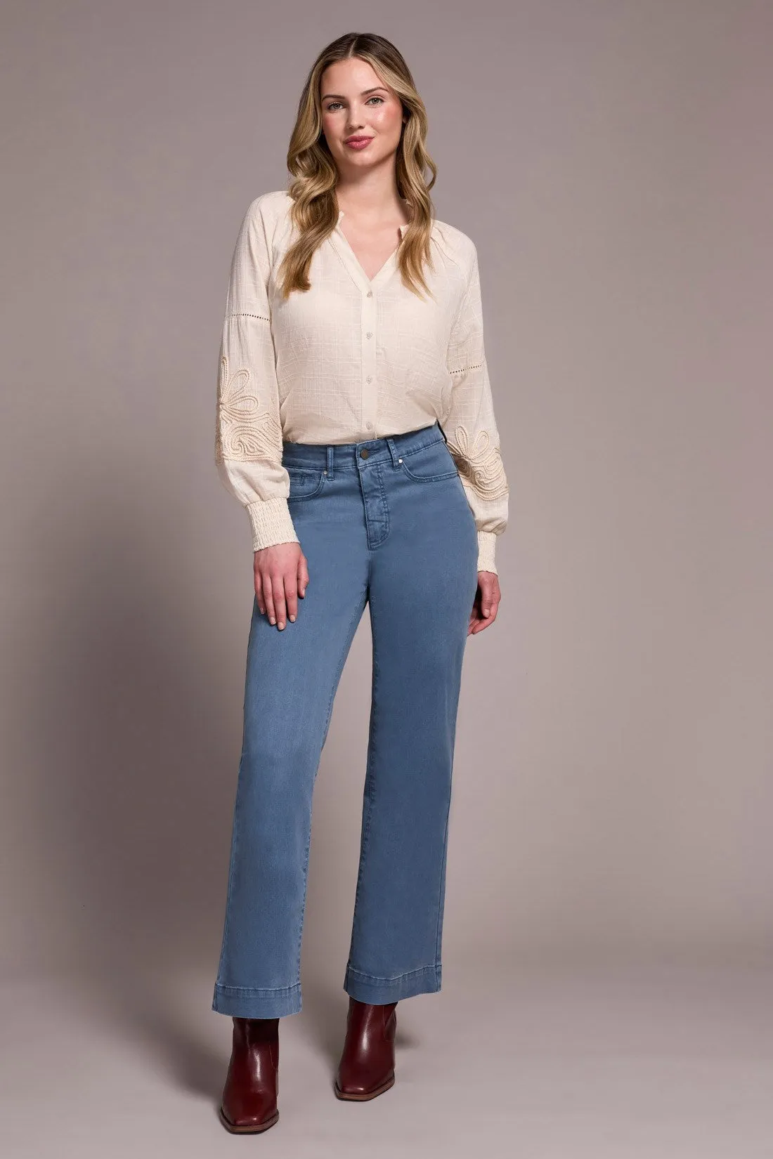 Comfort Stretch Fly Front Wide Leg Pants-Slateblue sold by Tribal