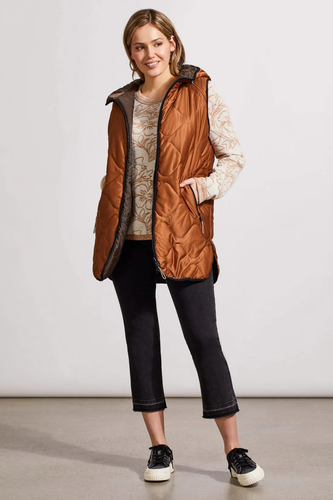 REVERSIBLE HOODED PUFFER VEST WITH HI-LOW HEM-Walnut sold by Tribal
