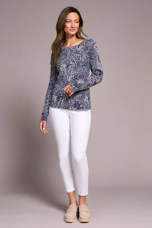 Printed Cable Cotton Crew Neck Sweater-Sapphire sold by Tribal