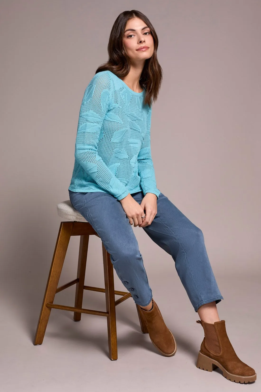 Openwork Knit Jacquard Leaf Sweater-Mistblue sold by Tribal product image thumbnail 2