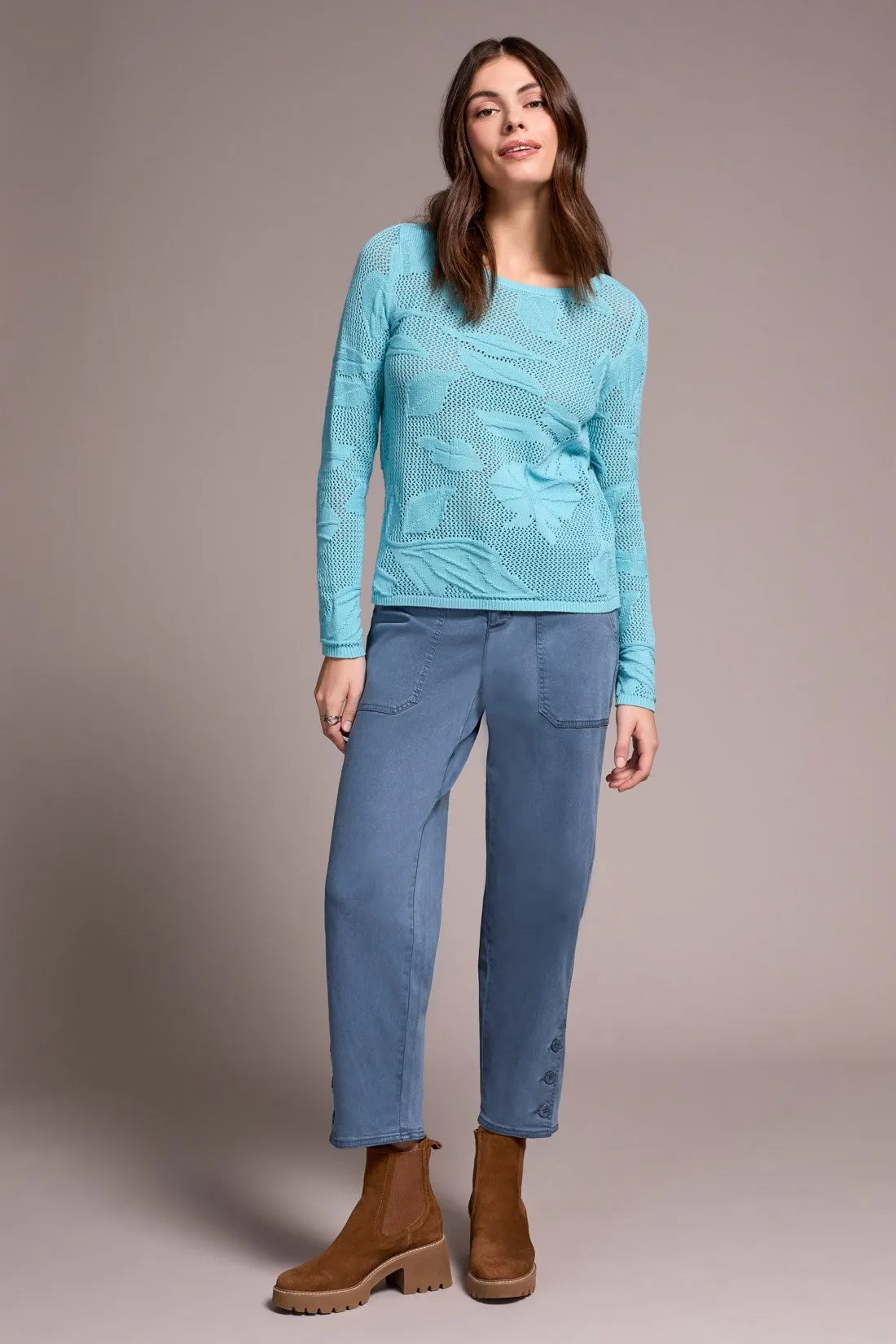 Openwork Knit Jacquard Leaf Sweater-Mistblue sold by Tribal product image thumbnail 3