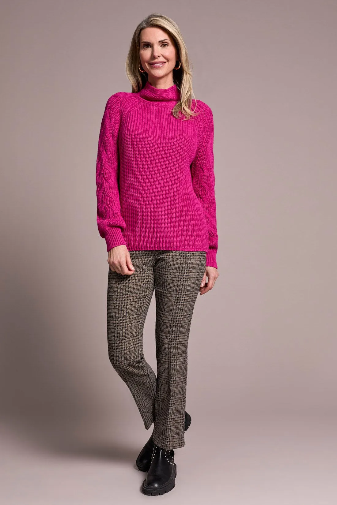 Cable Knit Mock Neck Sweater-Pink flambe sold by Tribal
