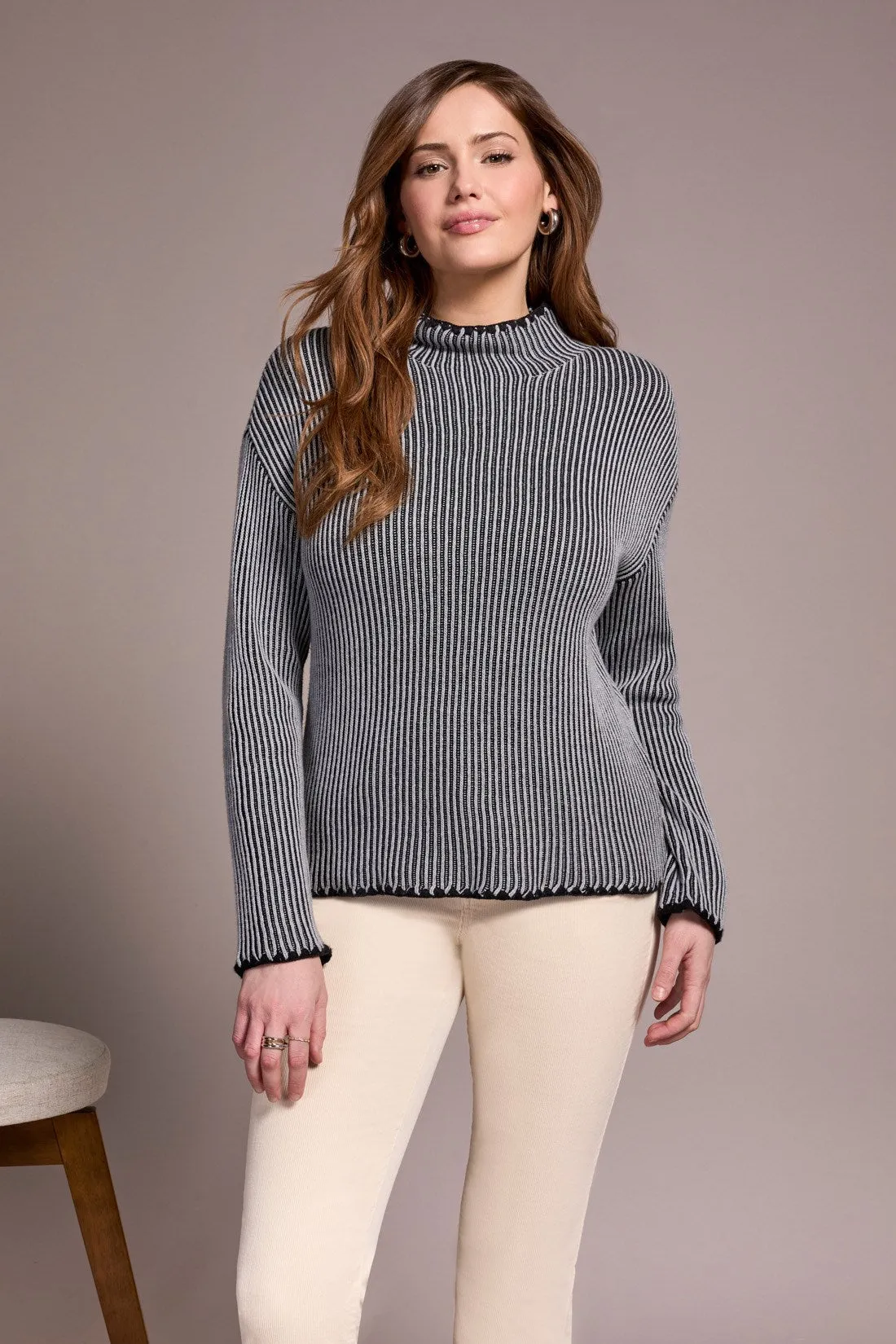 Combed Cotton Two-Tone Rib Funnel Neck Sweater-Grey mix sold by Tribal product image thumbnail 3