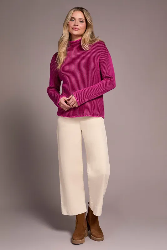 Combed Cotton Two-Tone Rib Funnel Neck Sweater-Pink flambe sold by Tribal