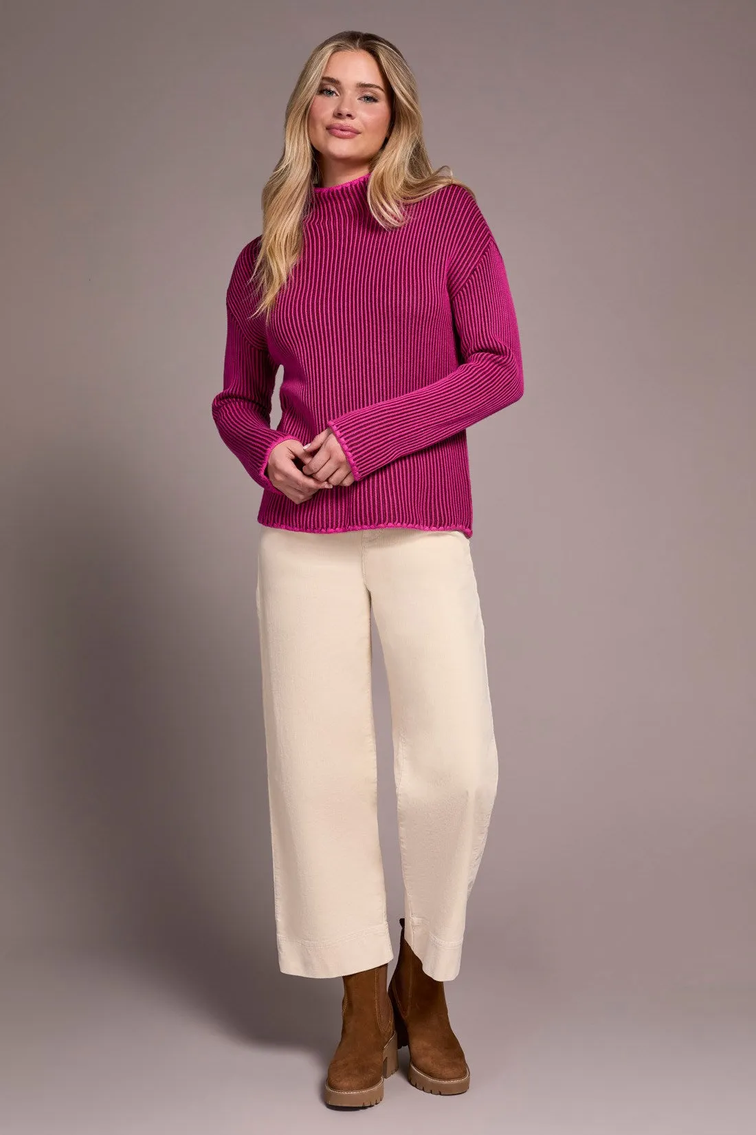 Combed Cotton Two-Tone Rib Funnel Neck Sweater-Pink flambe sold by Tribal