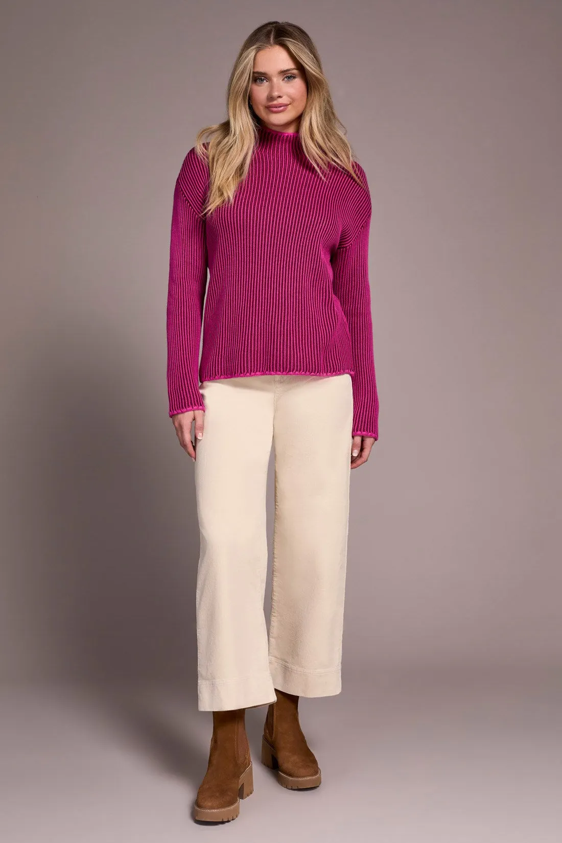 Combed Cotton Two-Tone Rib Funnel Neck Sweater-Pink flambe sold by Tribal product image thumbnail 2