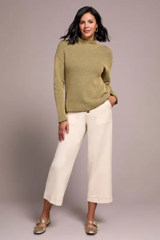 Combed Cotton Two-Tone Rib Funnel Neck Sweater-Leek sold by Tribal