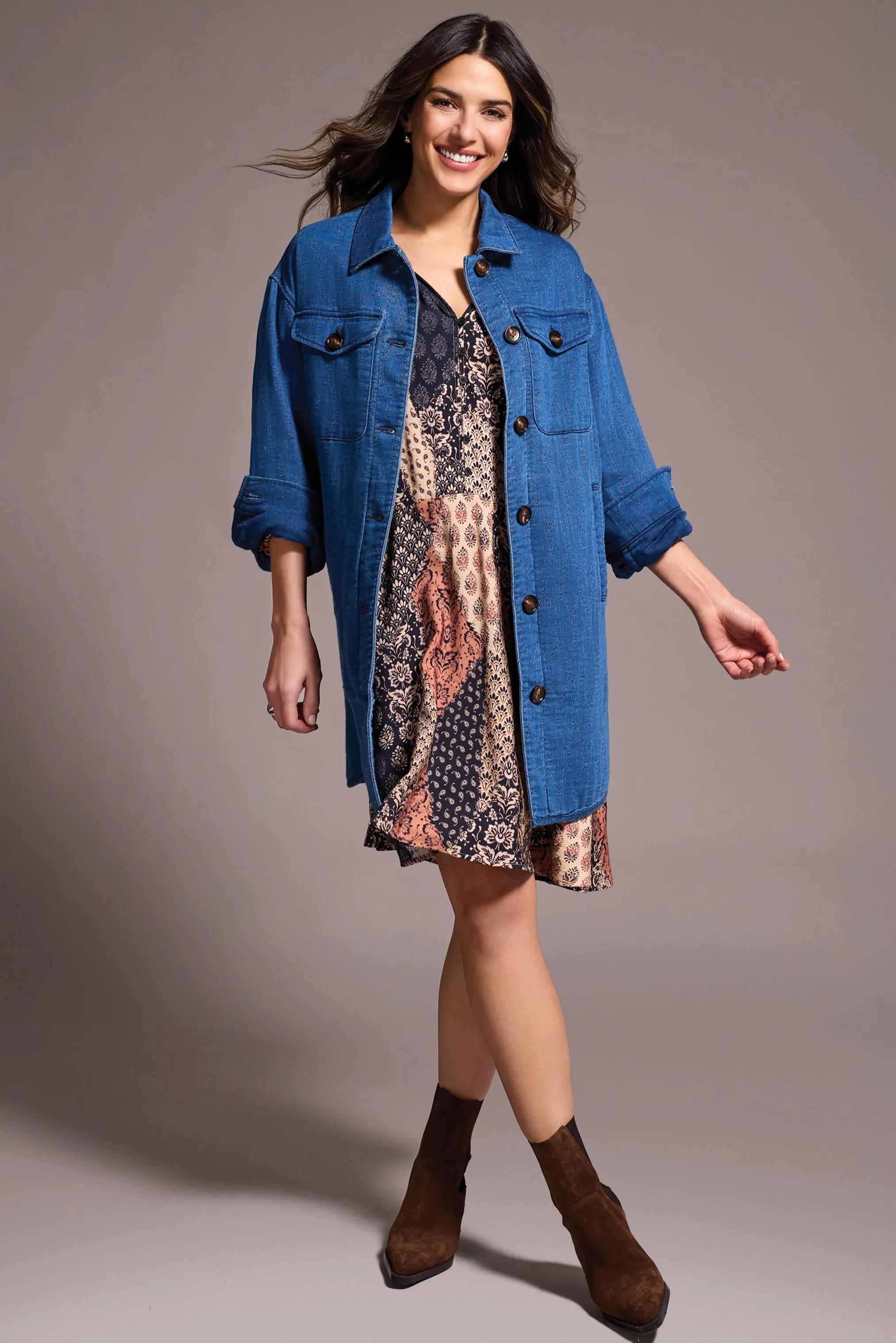 Quilted Cotton Button Front Shacket-Bluebliss sold by Tribal