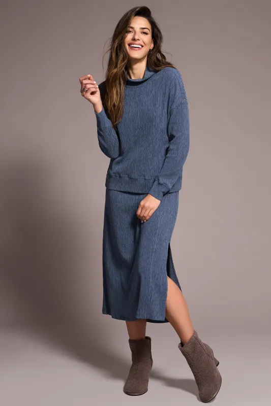 Two-Tone Crinkle Drop Shoulder Mock Neck Top-Slateblue sold by Tribal