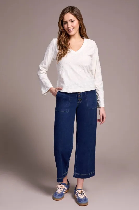 Jacquard Knit Long Sleeve V-Neck Top-Cream sold by Tribal