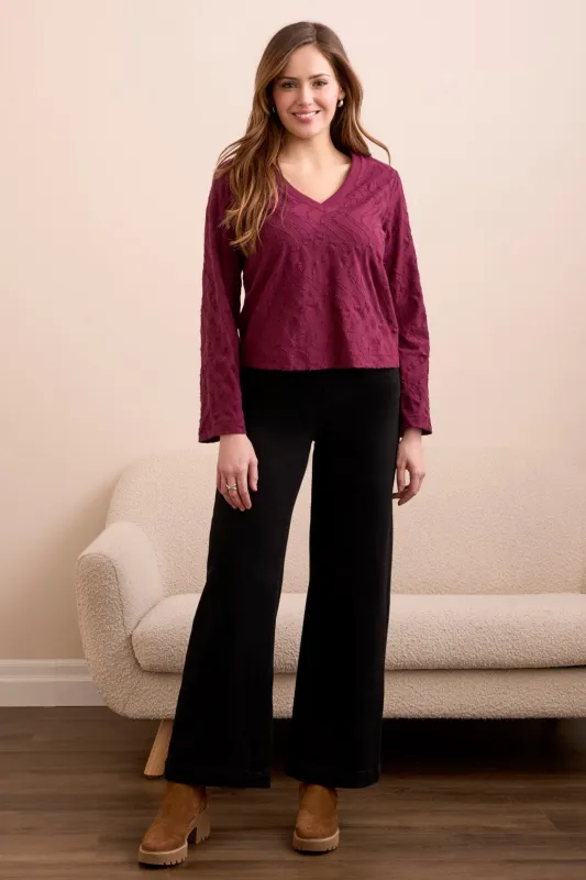 Jacquard Knit Long Sleeve V-Neck Top-Wine sold by Tribal