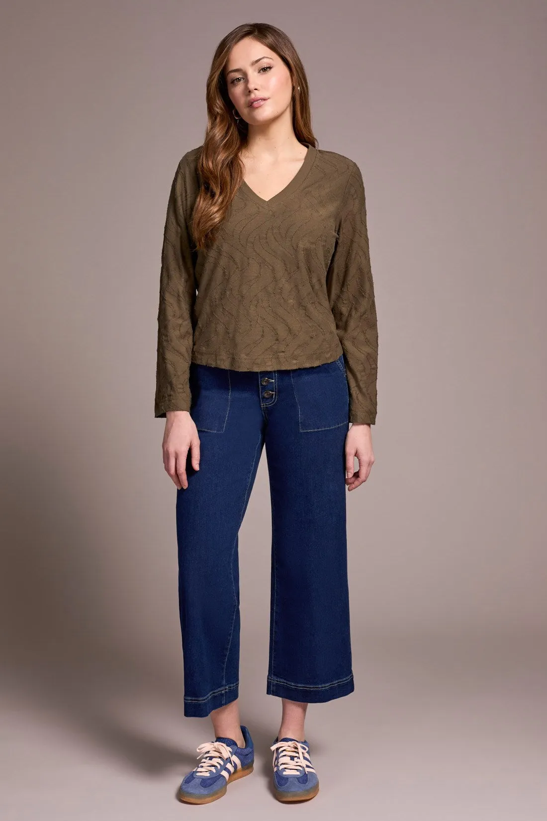 Jacquard Knit Long Sleeve V-Neck Top-Ivy sold by Tribal