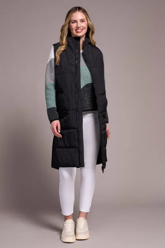 Longline Zip-Front Quilted Vest-Black sold by Tribal