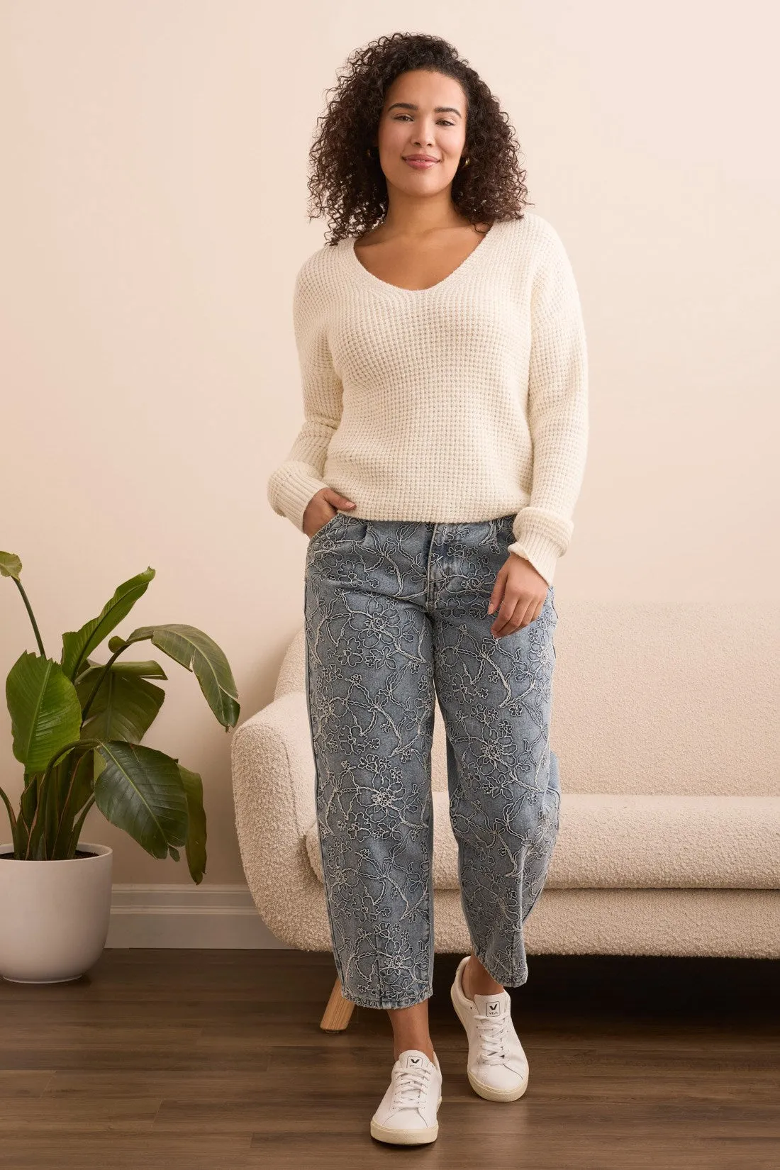 Soft Touch Drop Shoulder V-Neck Sweater-Cream sold by Tribal