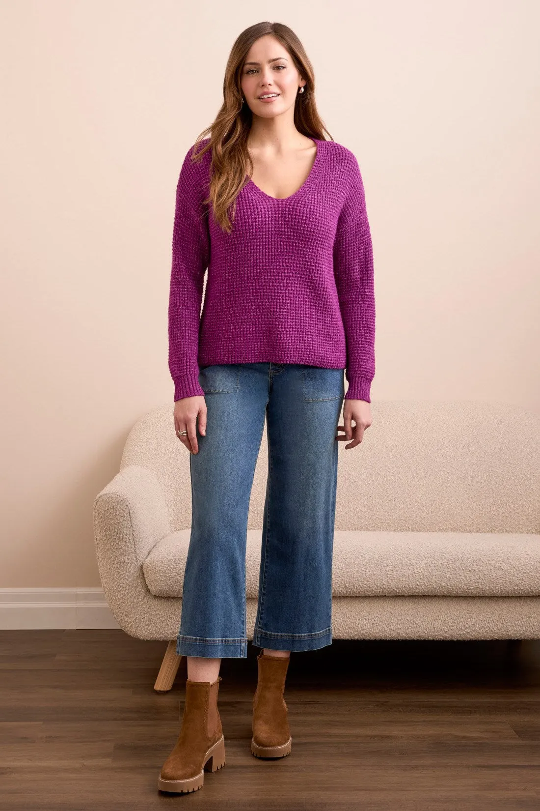Soft Touch Drop Shoulder V-Neck Sweater-Dahlia mauve sold by Tribal