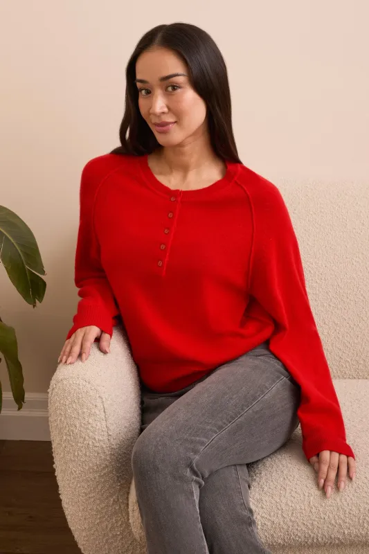 Signature Cashmere Raglan Puff Sleeve Henley Sweater-Carmine sold by Tribal