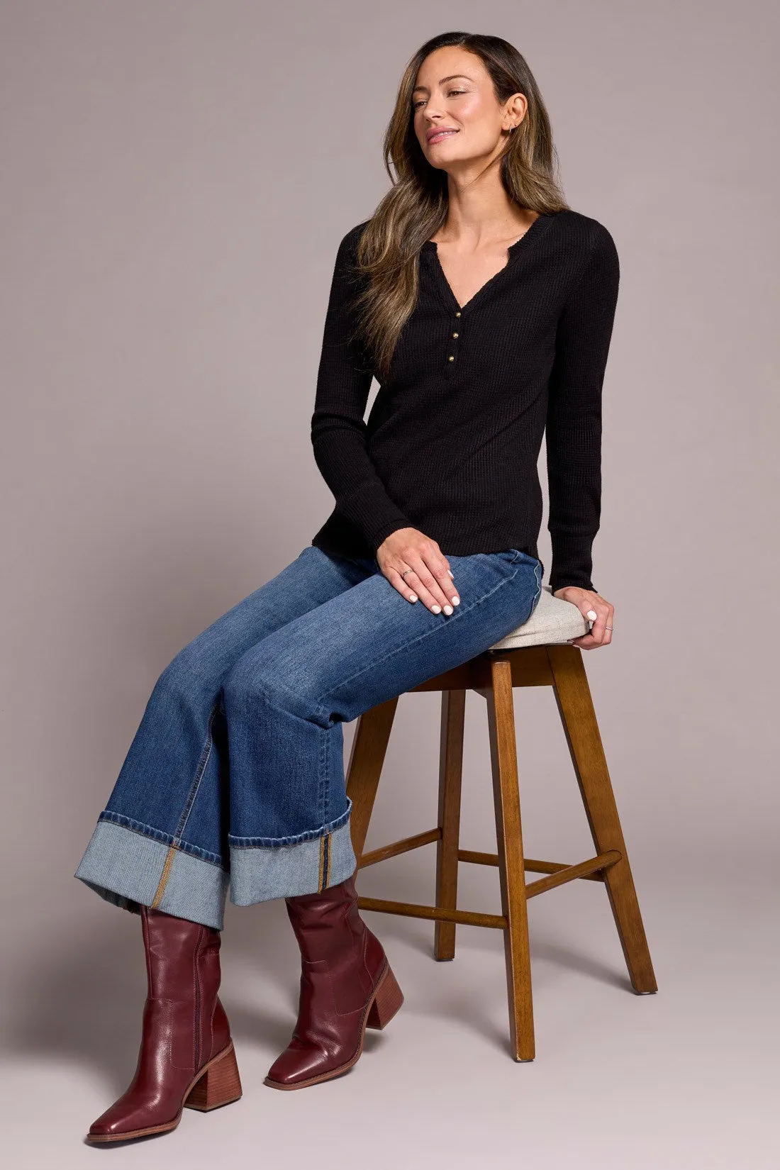 Brushed Waffle Knit Henley Long Sleeve Top-Black sold by Tribal product image thumbnail 3