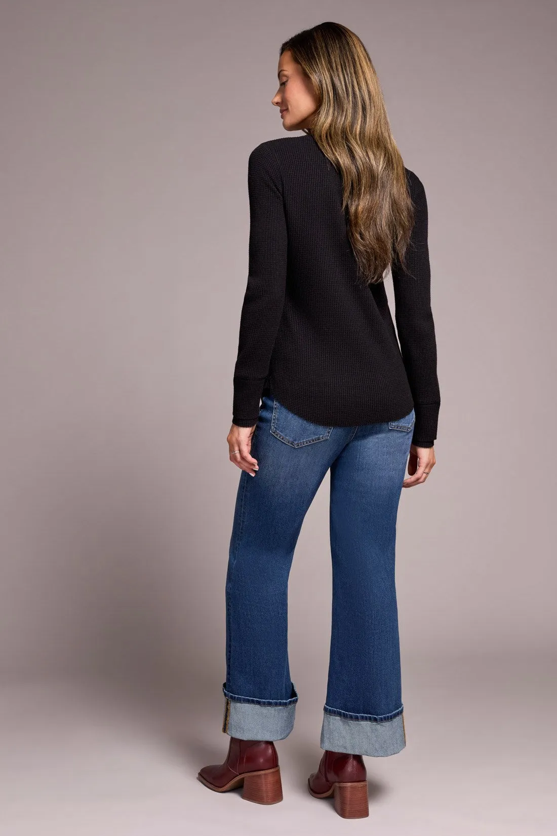 Brushed Waffle Knit Henley Long Sleeve Top-Black sold by Tribal product image thumbnail 4