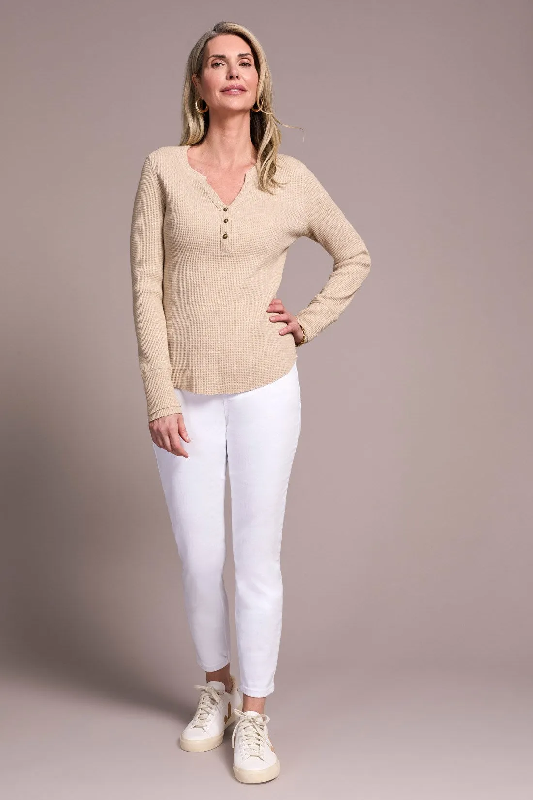 Brushed Waffle Knit Henley Long Sleeve Top-Oatmeal sold by Tribal