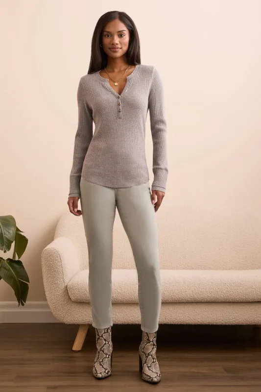 Brushed Waffle Knit Henley Long Sleeve Top-Grey mix sold by Tribal
