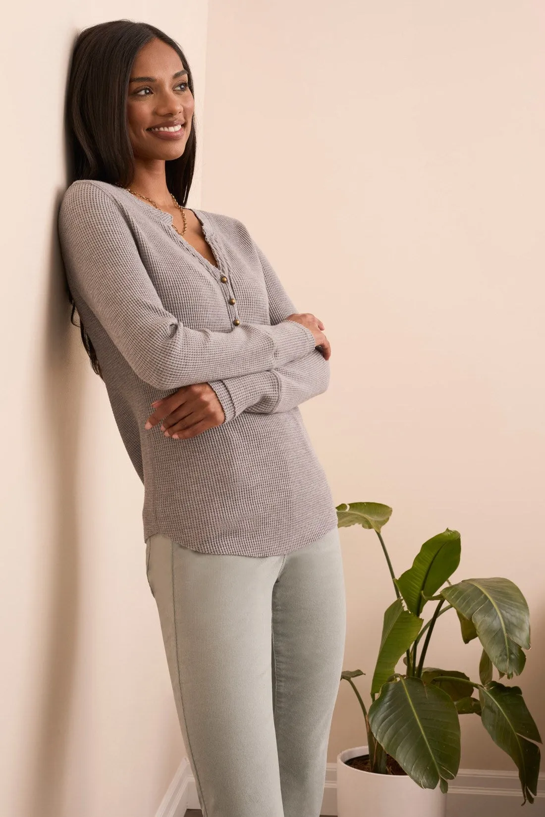 Brushed Waffle Knit Henley Long Sleeve Top-Grey mix sold by Tribal product image thumbnail 3