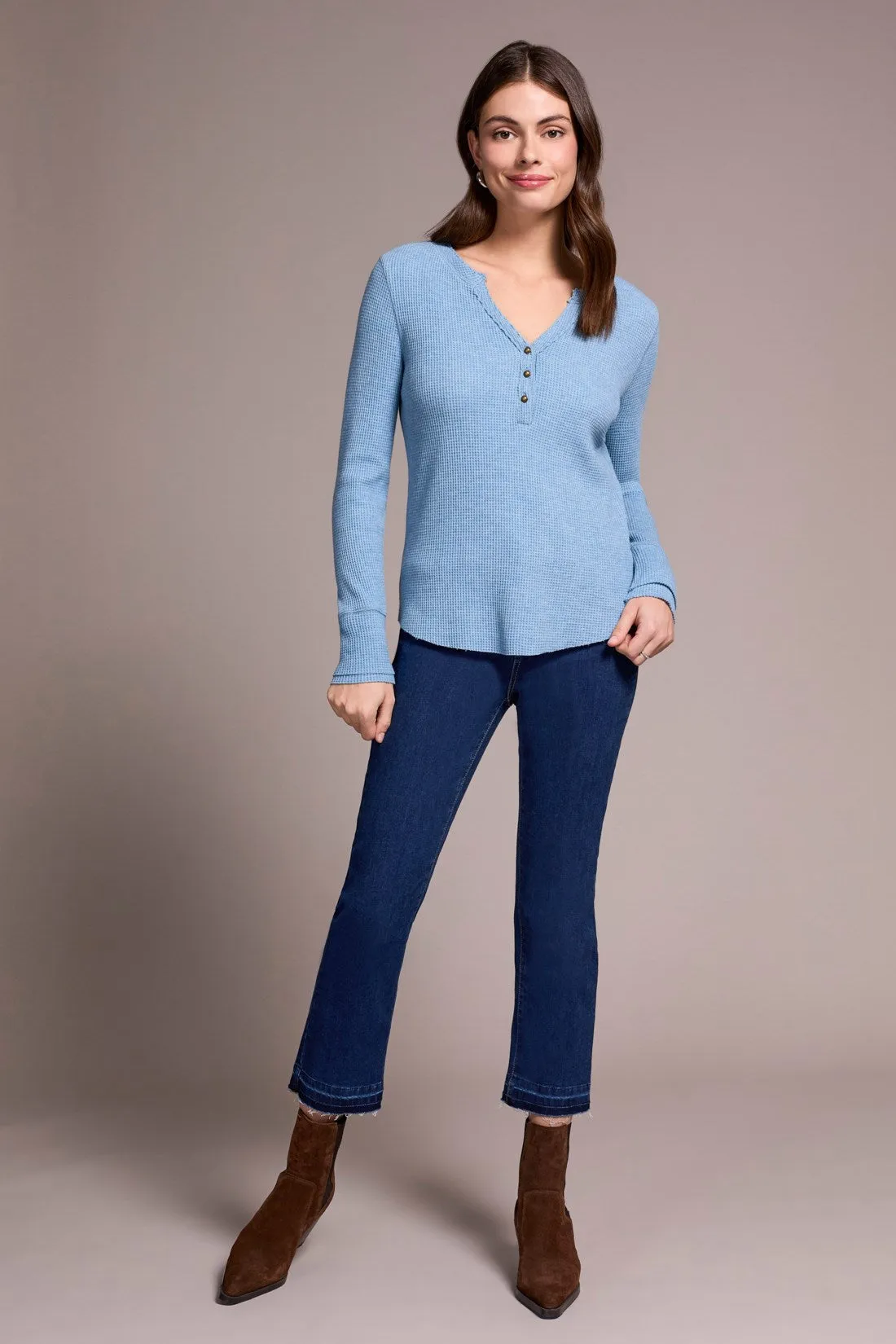 Brushed Waffle Knit Henley Long Sleeve Top-H denim sold by Tribal