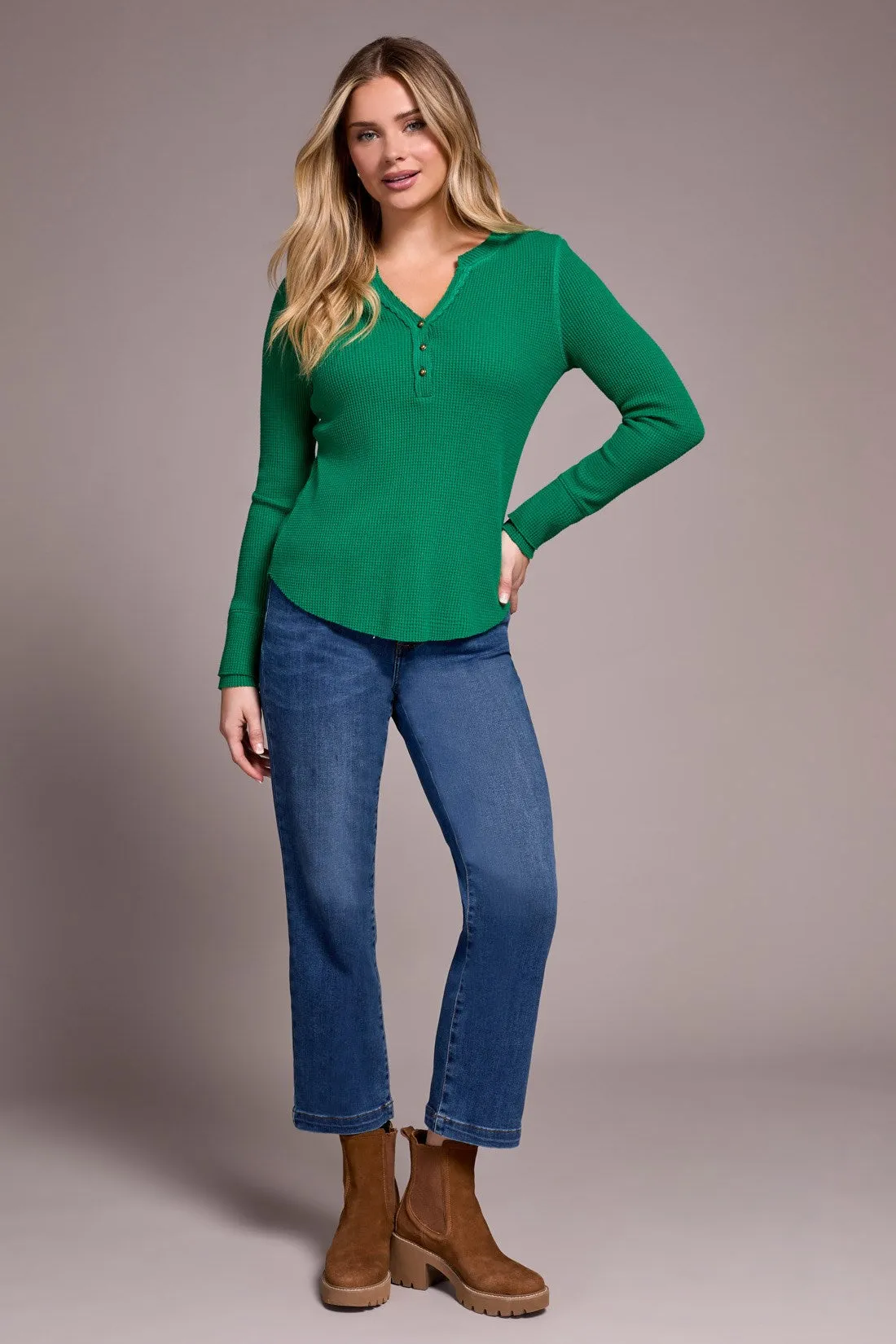 Brushed Waffle Knit Henley Long Sleeve Top-Fieldgreen sold by Tribal