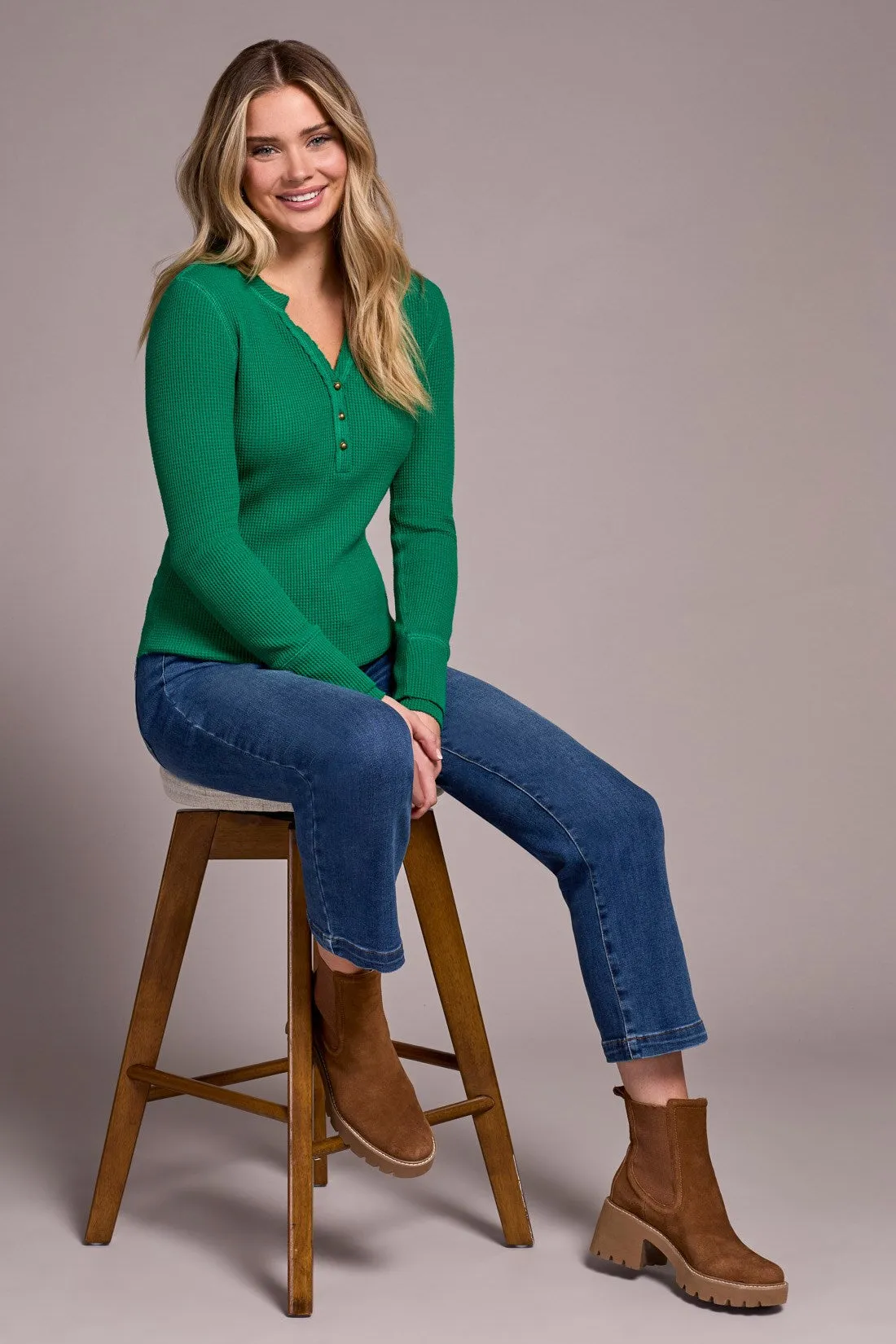 Brushed Waffle Knit Henley Long Sleeve Top-Fieldgreen sold by Tribal product image thumbnail 3