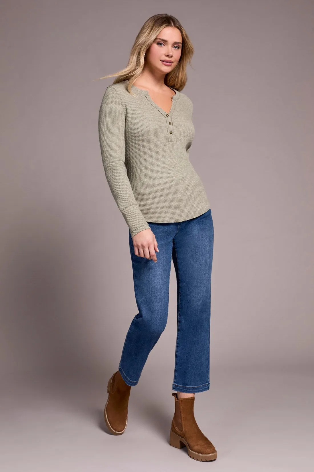 Brushed Waffle Knit Henley Long Sleeve Top-H oliveleaf sold by Tribal product image thumbnail 2