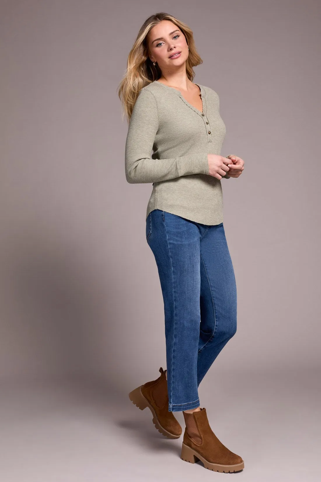 Brushed Waffle Knit Henley Long Sleeve Top-H oliveleaf sold by Tribal product image thumbnail 3