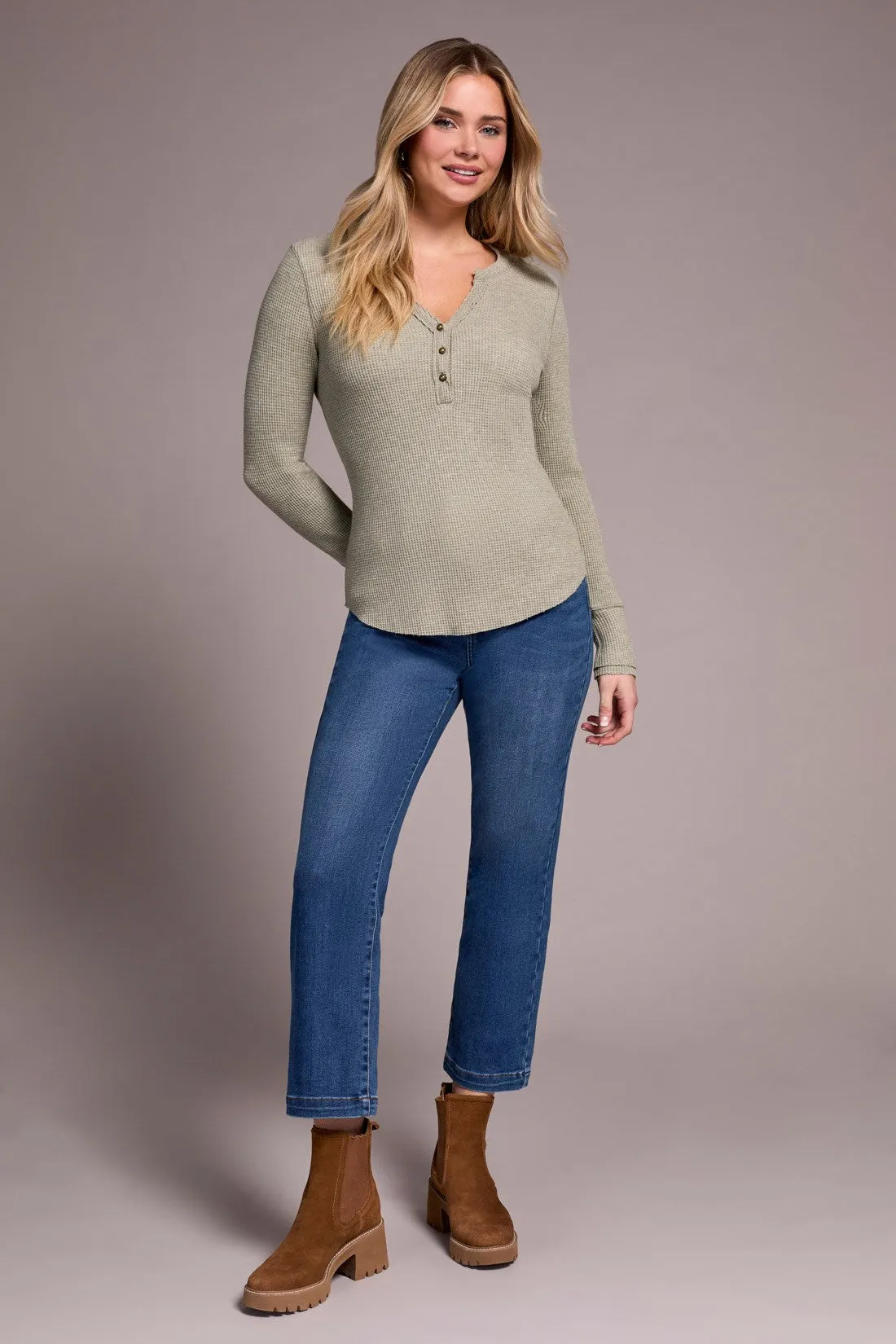 Brushed Waffle Knit Henley Long Sleeve Top-H oliveleaf sold by Tribal