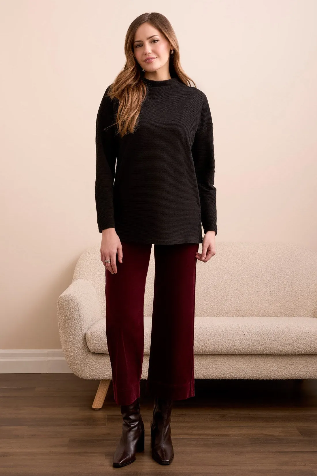 Ottoman Knit Drop Shoulder Cowl Neck Tunic-Black sold by Tribal