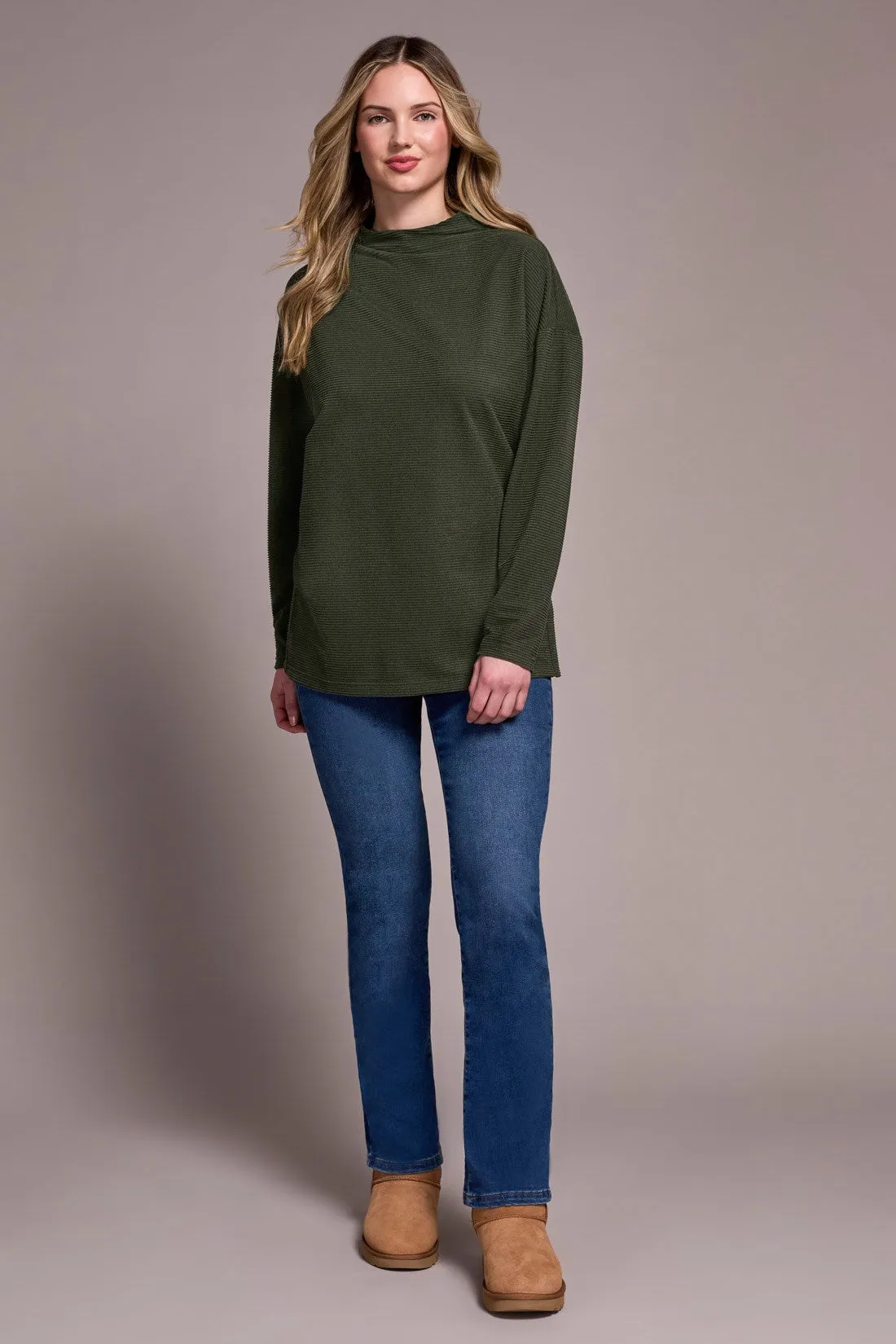 Ottoman Knit Drop Shoulder Cowl Neck Tunic-H spruce sold by Tribal