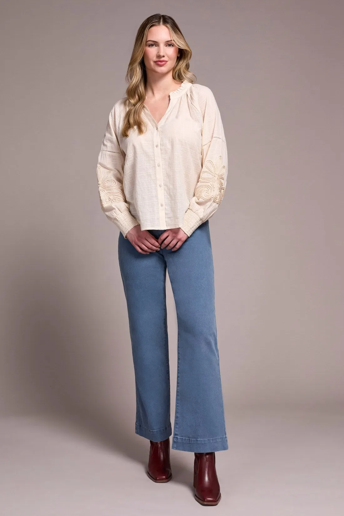 Jaquard Appliqué-Sleeve Notch Neck Blouse-Moonstone sold by Tribal product image thumbnail 3