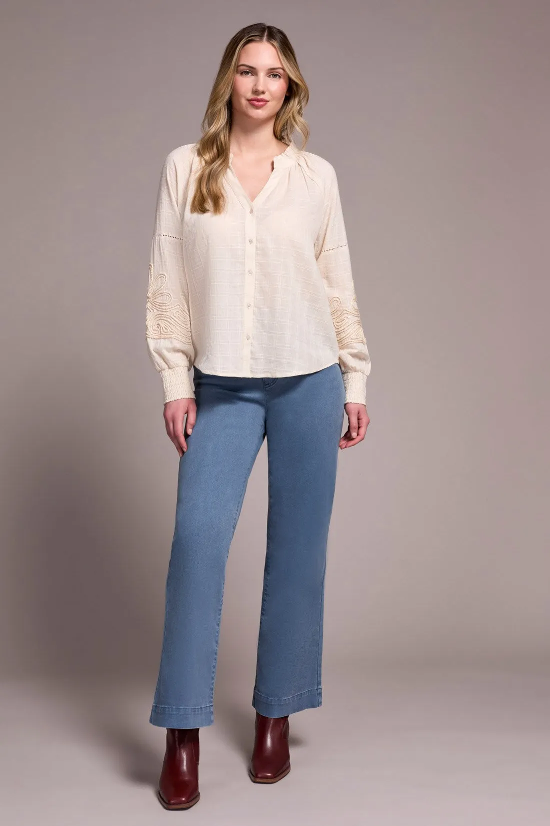 Jaquard Appliqué-Sleeve Notch Neck Blouse-Moonstone sold by Tribal