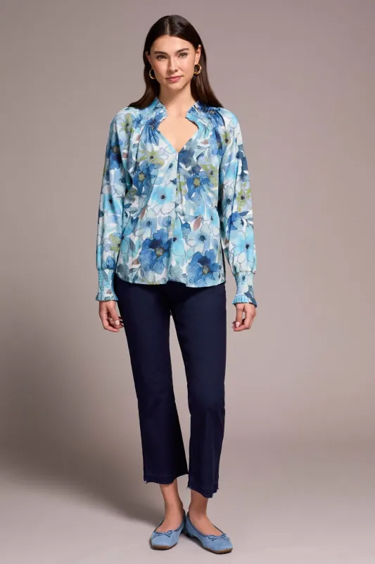 Printed Textured Cotton Smocked V-Neck Blouse-Slateblue sold by Tribal