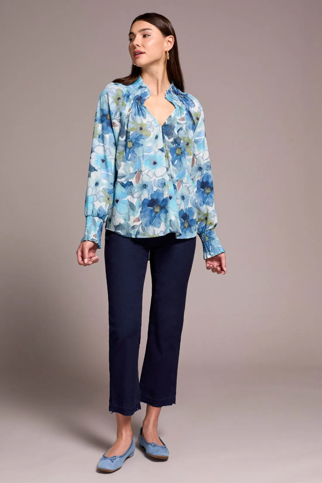 Printed Textured Cotton Smocked V-Neck Blouse-Slateblue sold by Tribal product image thumbnail 3