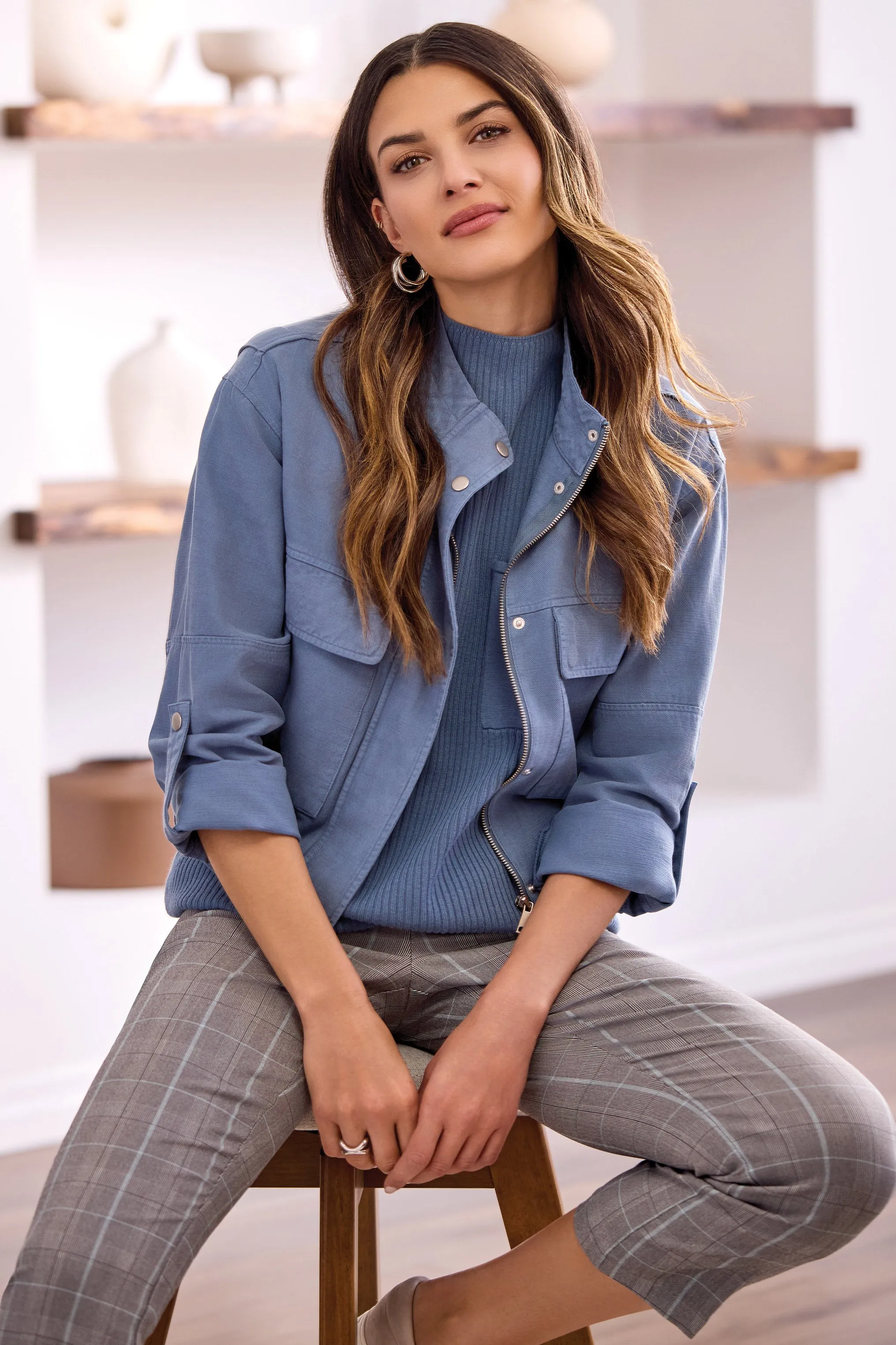 Slub Twill Zip-Front Mock Neck Jacket-Slateblue sold by Tribal