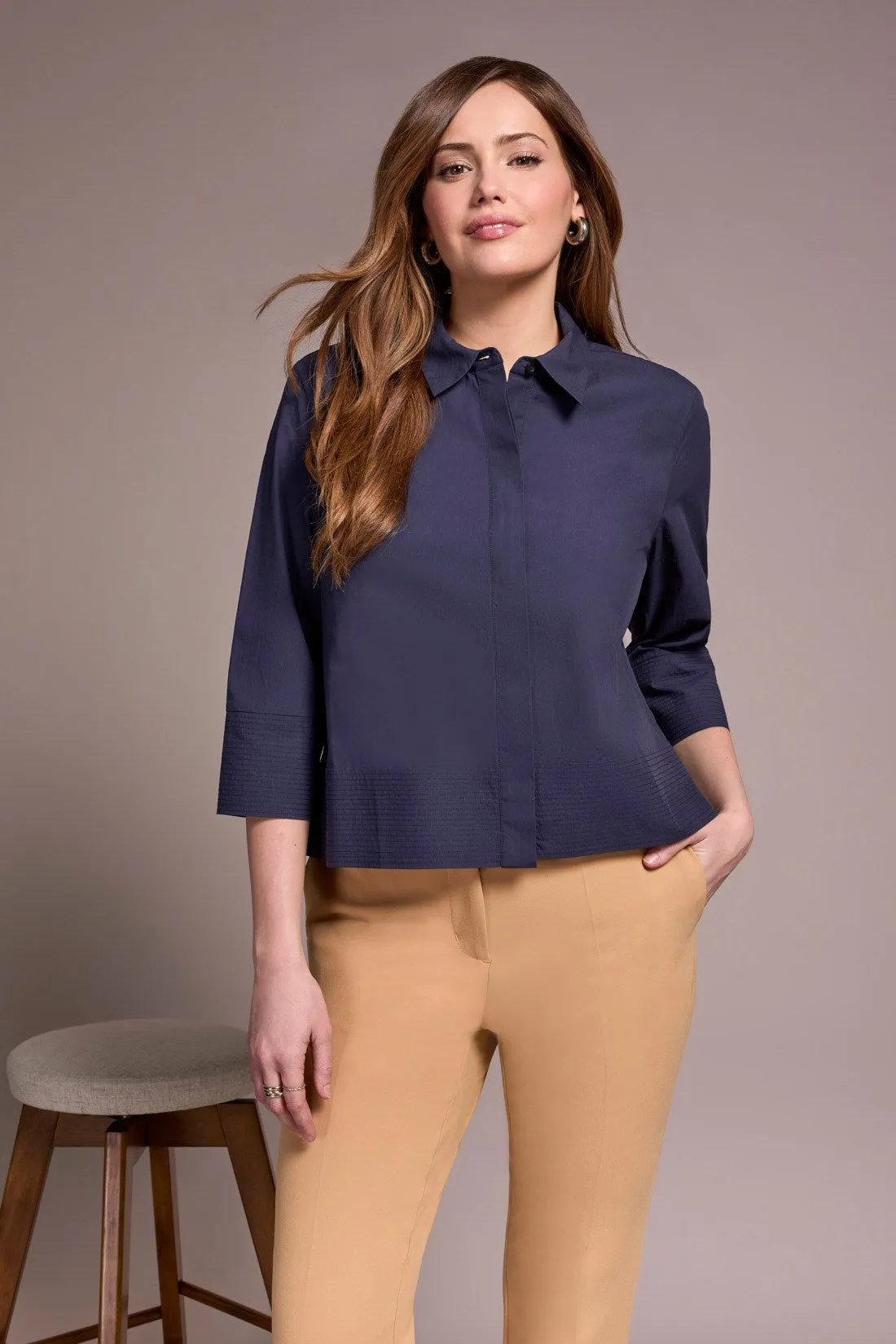 Soft Poplin 3/4 Sleeve Button-Front Shirt-Sapphire sold by Tribal