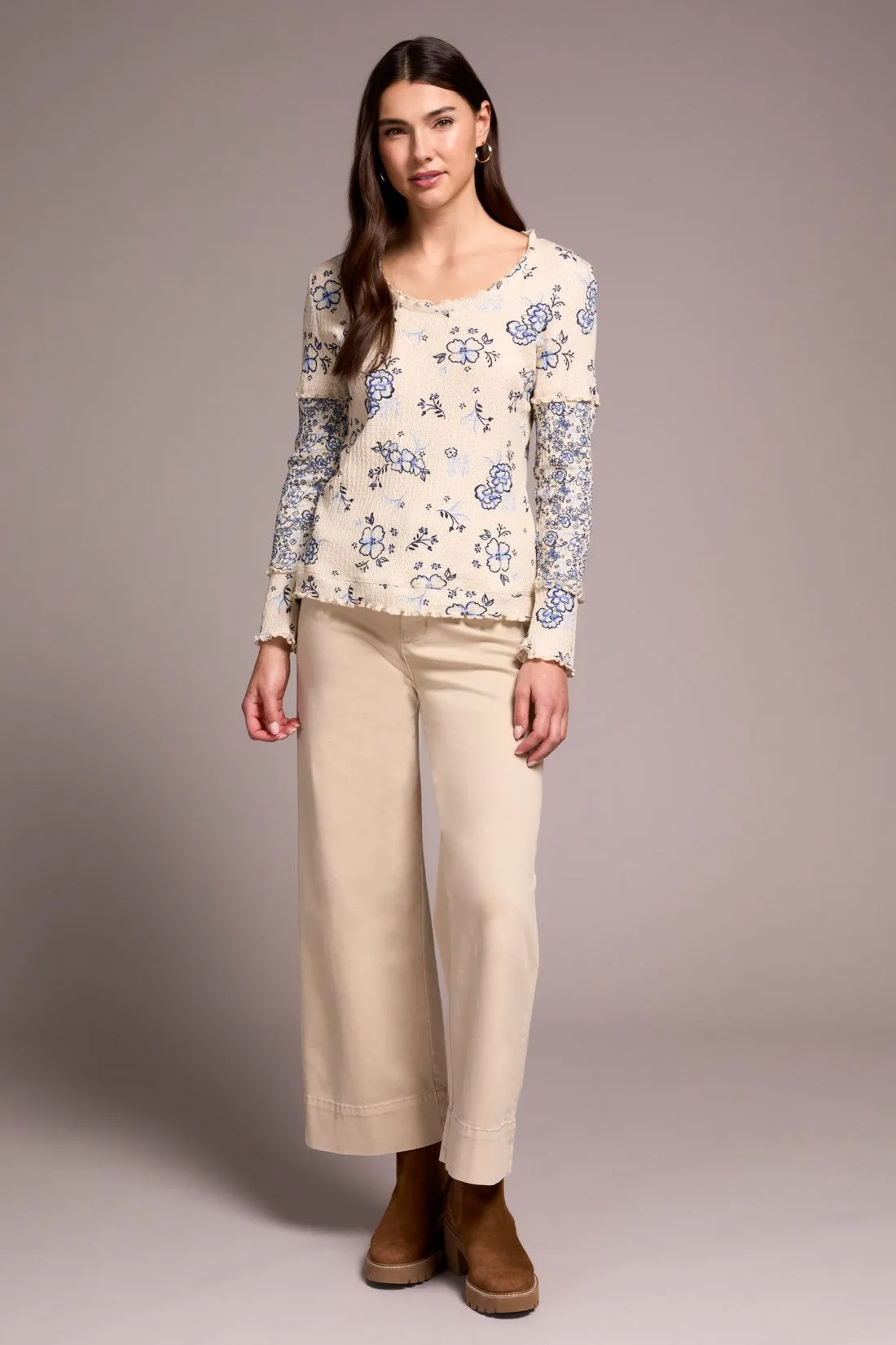 Printed Pointelle Scoop Neck Knit Top-Slateblue sold by Tribal